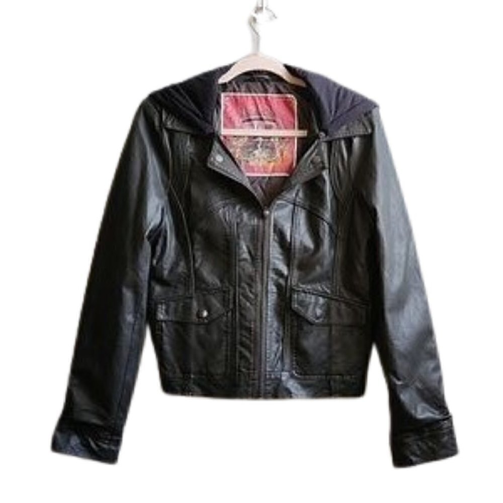 BERNARDO COLLECTION Dark gray faux leather removable hoodie bomber jacket